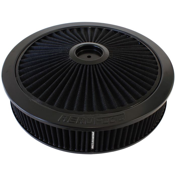 Black Full Flow Air Filter Assembly
 14" x 3", 7-5/16" neck,Flat Base with black washable cotton element