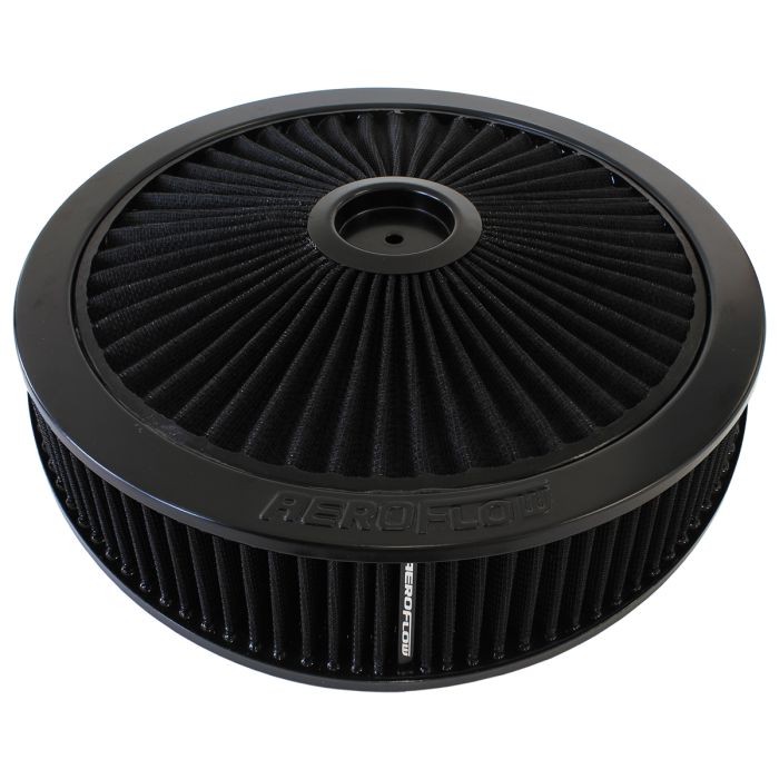 Black Full Flow 14" x 4" Air Filter Assembly 
7-5/16" neck, Flat Base with black washable cotton element