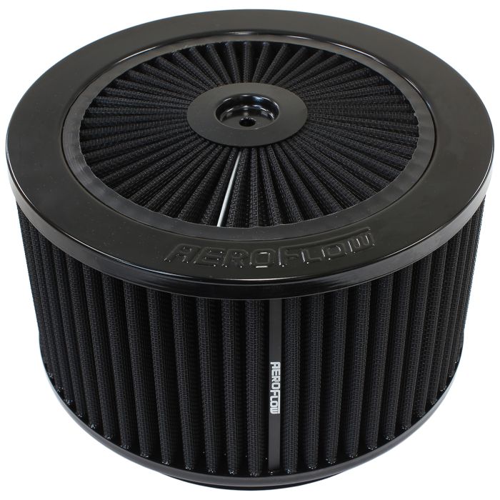 Black Full Flow Air Filter Assembly
 9" x 5", 7-5/16" neck,Flat Base with black washable cotton element