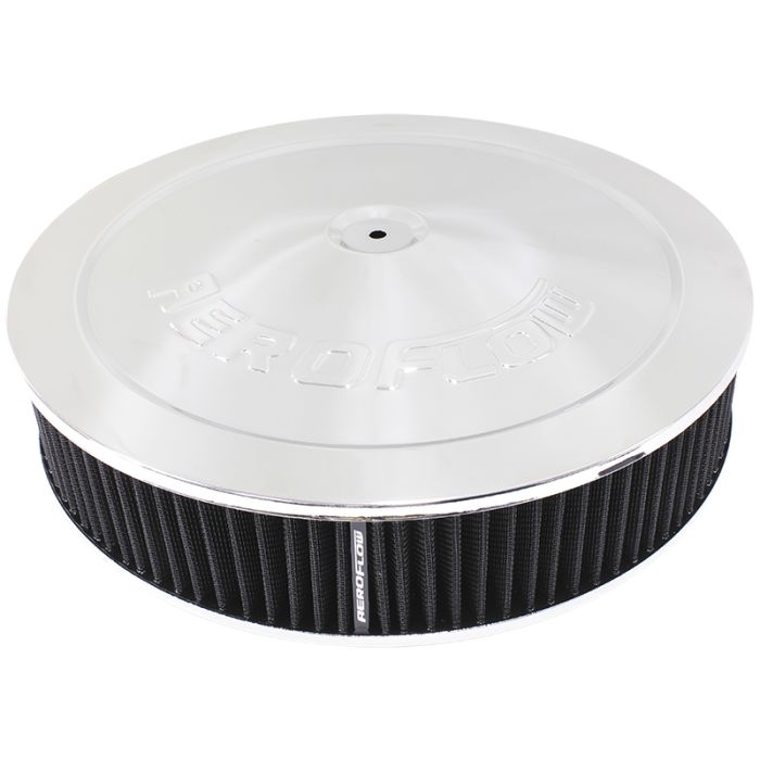 Chrome Air Filter Assembly
 14" x 3", 7-5/16" neck,Flat Base with black washable cotton element