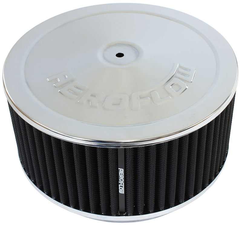 Chrome Air Filter Assembly
 9" x 4", 7-5/16" neck,Flat Base with black washable cotton element