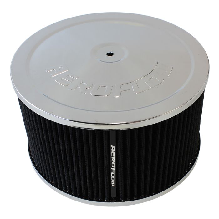 Chrome Air Filter Assembly
 9" x 5", 7-5/16" neck,Flat Base with black washable cotton element