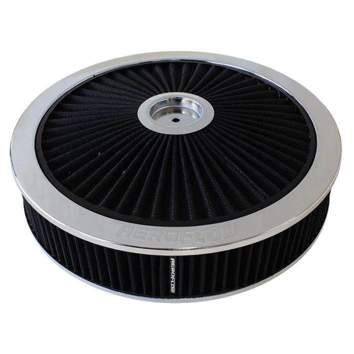 Chrome Full Flow Air Filter Assembly with 1-1/8" Drop base 
14" x 3", 5-1/8" neck, black washable cotton element