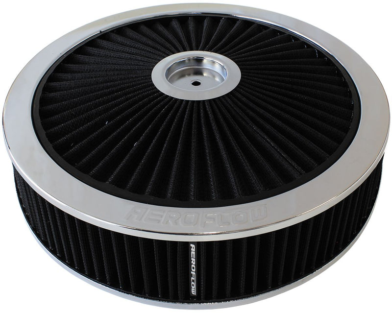 Chrome Full Flow Air Filter Assembly
 14" x 3", 7-5/16" neck,Flat Base with black washable cotton element