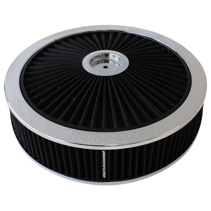 Chrome Full Flow Air Filter Assembly
 14" x 4", 7-5/16" neck,Flat Base with black washable cotton element