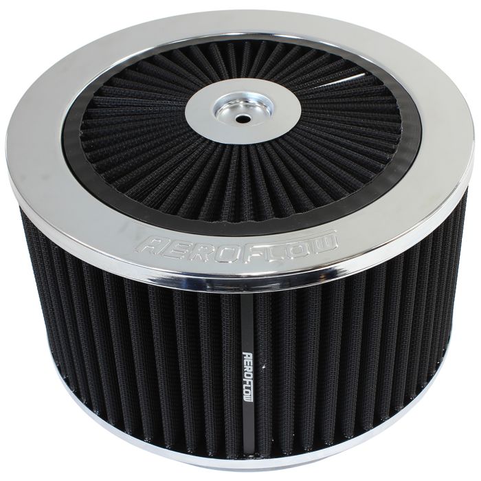 Chrome Full Flow Air Filter Assembly
 9" x 4", 7-5/16" neck,Flat Base with black washable cotton element