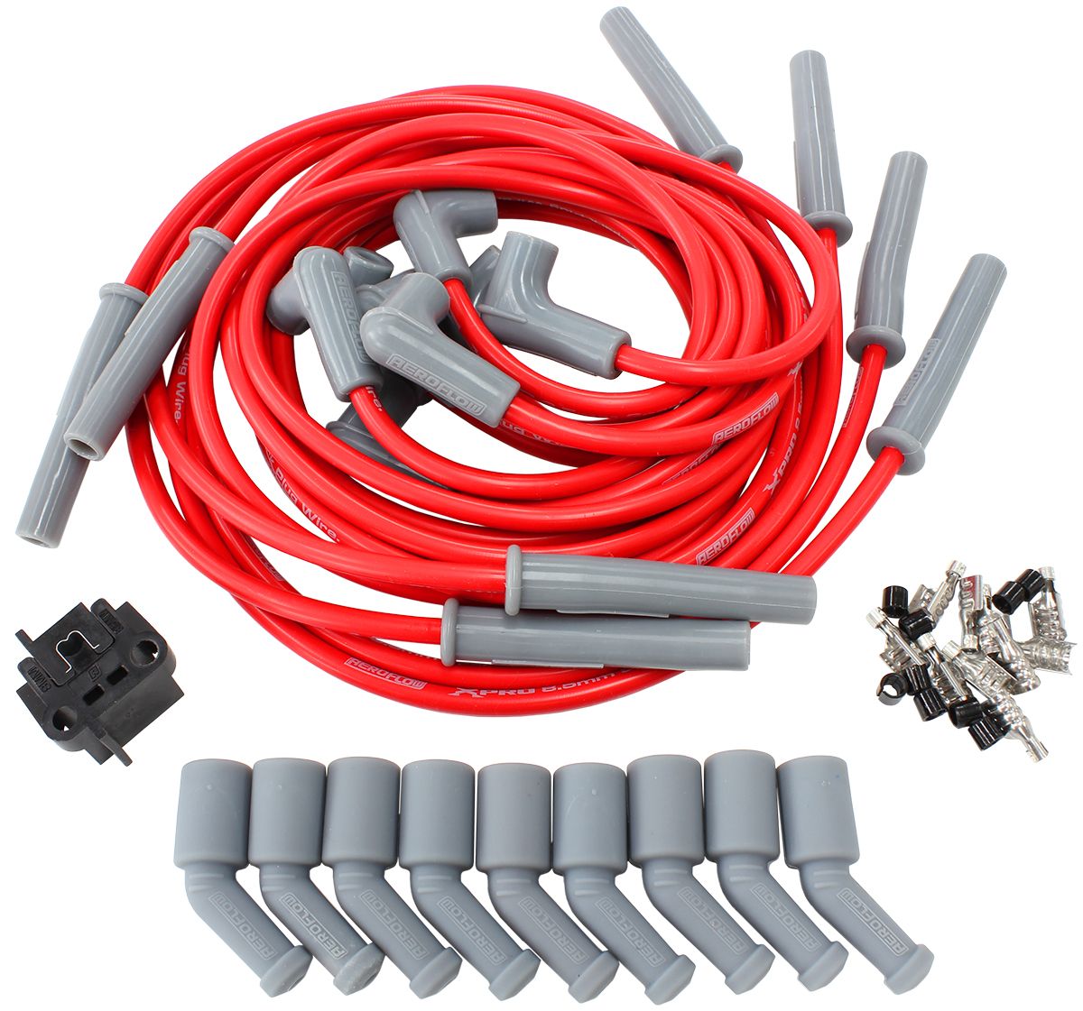 Aeroflow Xpro Universal 8.5mm V8 Ignition Lead Set with 180° Spark Plug Boots - Red AF453