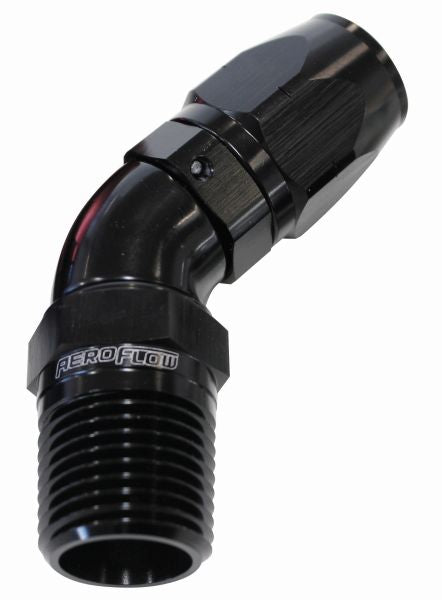 Aeroflow 45° Male NPT Full Flow Swivel Hose End 3/8" to -6AN AF528-06-06BLK