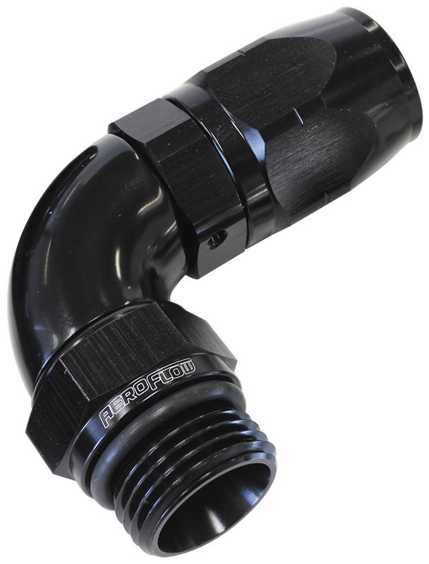 Aeroflow 90° Male ORB Full Flow Swivel Hose End -12 ORB to -16AN AF549-16-12BLK