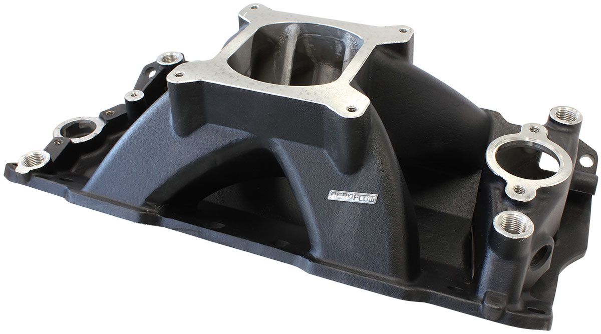 Aeroflow SB Chev Hi-Rise Single Plane Intake Manifold, Black Finish AF6201-1000