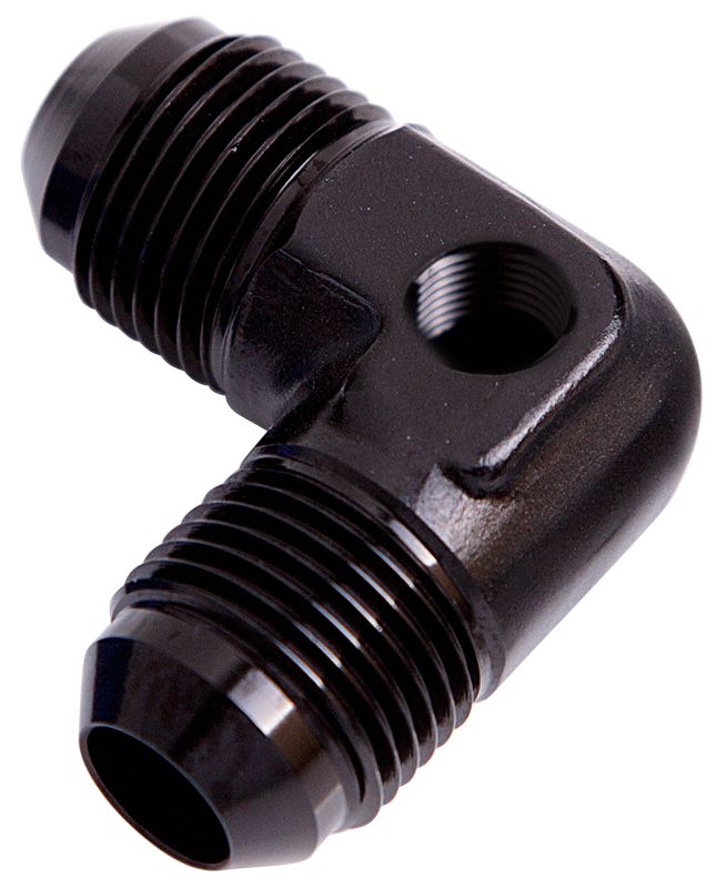 Aeroflow 90° Male Flare Union with 1/8" Port -6AN AF821-06PBLK