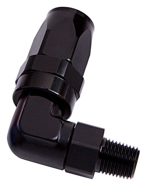 Aeroflow Male NPT Taper Swivel 90° Hose End 3/8" to -6AN AF829-06-06BLK