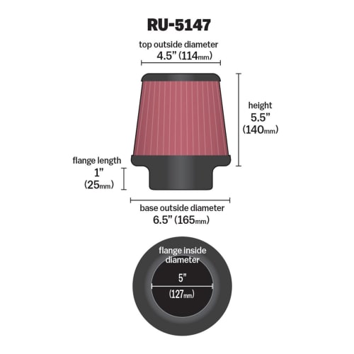 K&N 5" CLAMP ON TAPERED AIR FILTER KNRU-5147