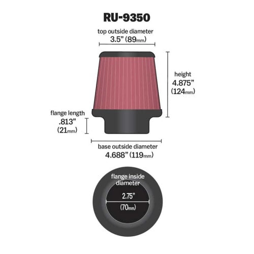 K&N K&N Universal Clamp On Filter Fits 2.75 in (70 mm) KNRU-9350