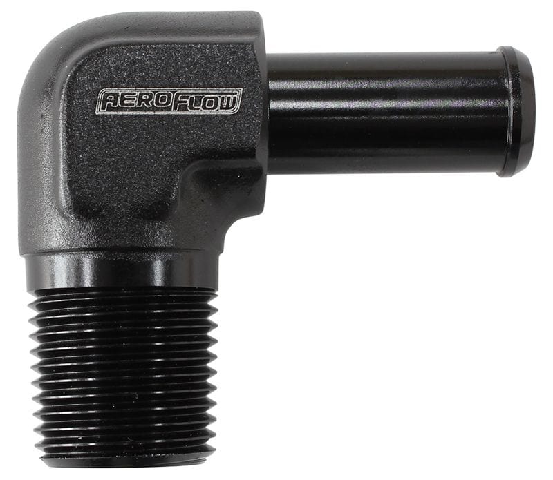 Aeroflow Performance 1/2" NPT to -10 100/450 series Hose, Black Finish Aeroflow Male NPT to 90 Deg AN Hose Barb AF842-10ANBLK SR