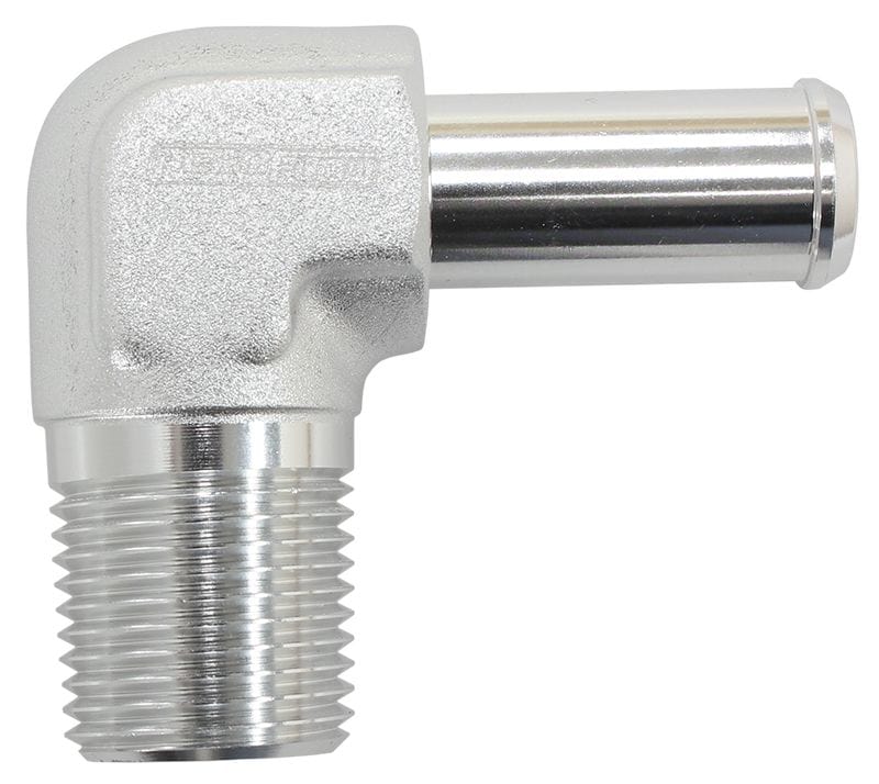 Aeroflow Performance 1/2" NPT to -10 100/450 series Hose, Silver Finish Aeroflow Male NPT to 90 Deg AN Hose Barb AF842-10ANS SR