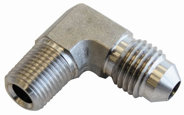 Aeroflow Performance 1/4" NPT to Male -4AN Aeroflow Stainless Steel 90° NPT Male to AN Fitting AF381-04-04 SR