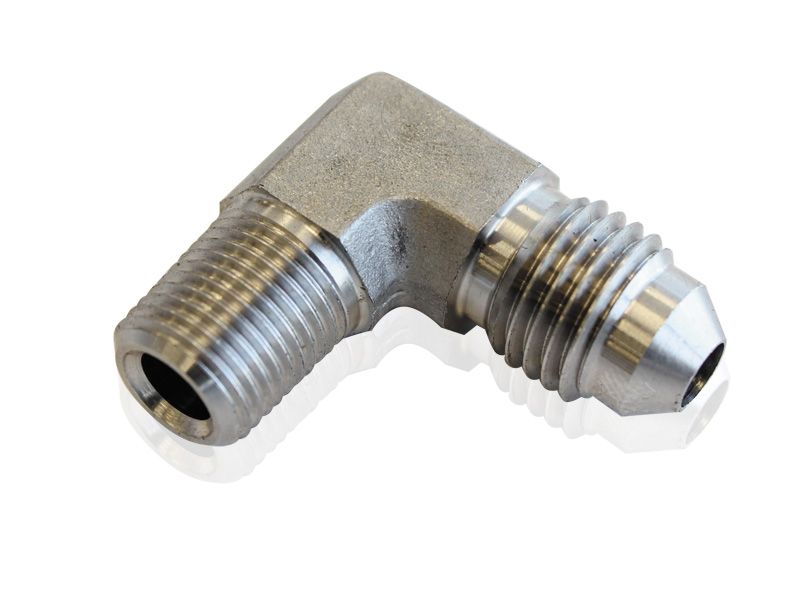 Aeroflow Performance 1/8" NPT to Male -3AN Aeroflow Stainless Steel 90° NPT Male to AN Fitting AF381-03 SR