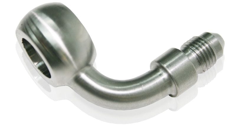 Aeroflow Performance 12mm Banjo to -3AN Male Aeroflow Stainless Steel 90° Banjo to AN Fitting AF309-03 SR