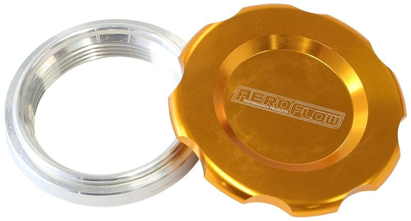 Aeroflow Performance 2-1/2" Female weld-on bung, includes Buna N & EPR O-rings. Gold Cap Aeroflow Low Profile Billet Aluminium Filler Cap & Bung AF465-40G SR