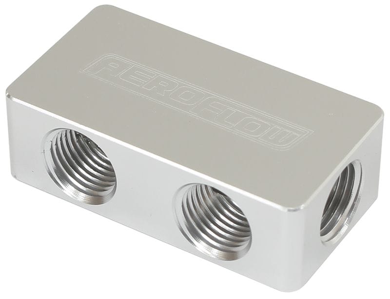 Aeroflow Performance 2 In - 4 Out, All Ports 1/8" NPT, Silver Finish Aeroflow Compact Distribution Block AF456-02-04S SR