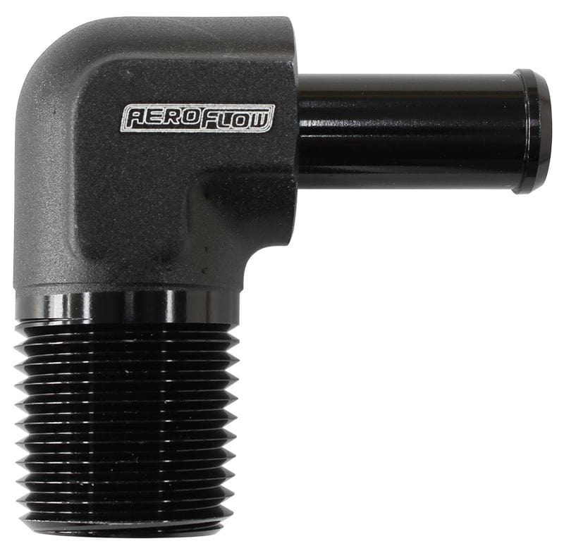 Aeroflow Performance 3/8" NPT to -6 100/450 series Hose, Black Finish Aeroflow Male NPT to 90 Deg AN Hose Barb AF842-06-06ANBLK SR
