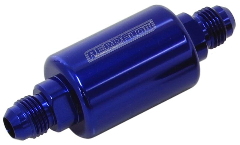 Aeroflow Performance 40 micron Stainless Steel element, 1.25" x 3" L, Blue finish Aeroflow Billet Fuel Filter -6AN AF66-2052 SR