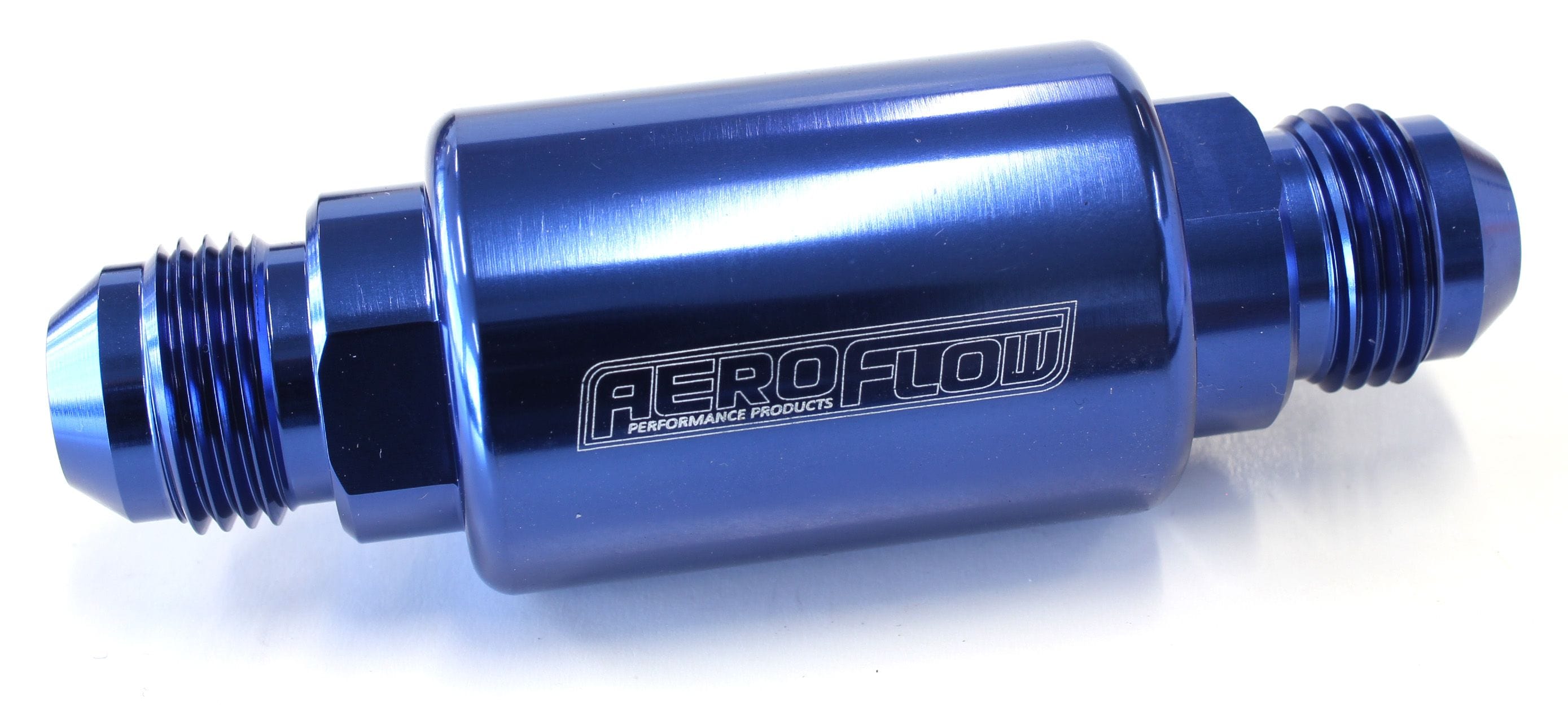 Aeroflow Performance 40 micron Stainless Steel element, 1.25" x 3" L, Blue finish Aeroflow Billet Fuel Filter -8AN AF66-2053 SR