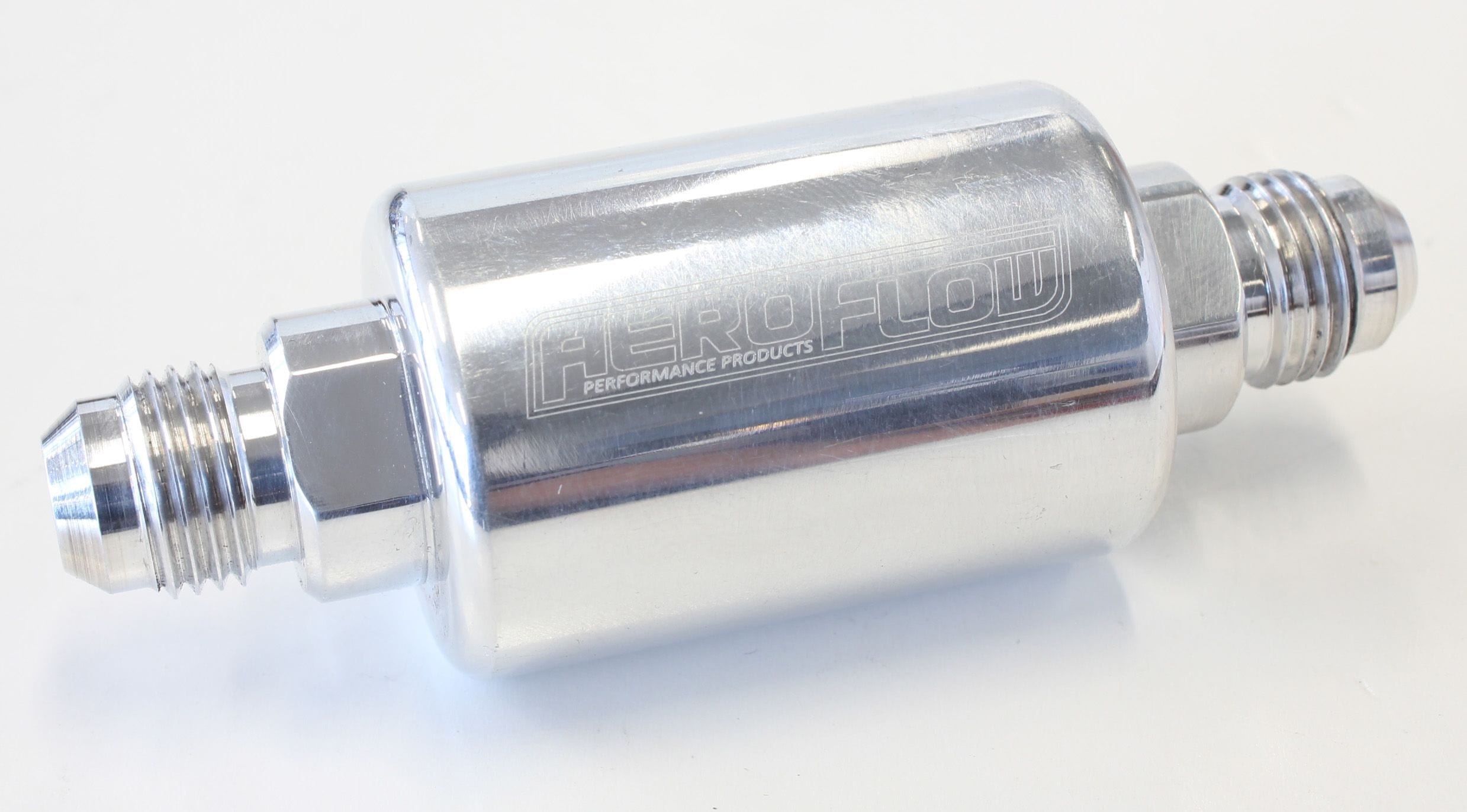 Aeroflow Performance 40 micron Stainless Steel element, 1.25" x 3" L, Polished finish Aeroflow Billet Fuel Filter -6AN AF66-2052P SR