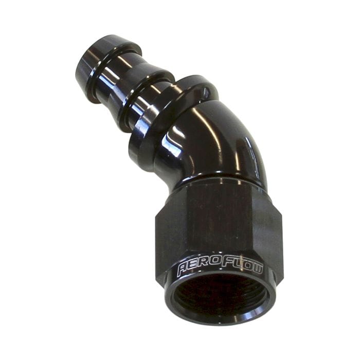 Aeroflow Performance Aeroflow 510 Series Full Flow Tight Radius Push Lock 45° Hose End AF512. Suits 400 & 500 Series Hose SR