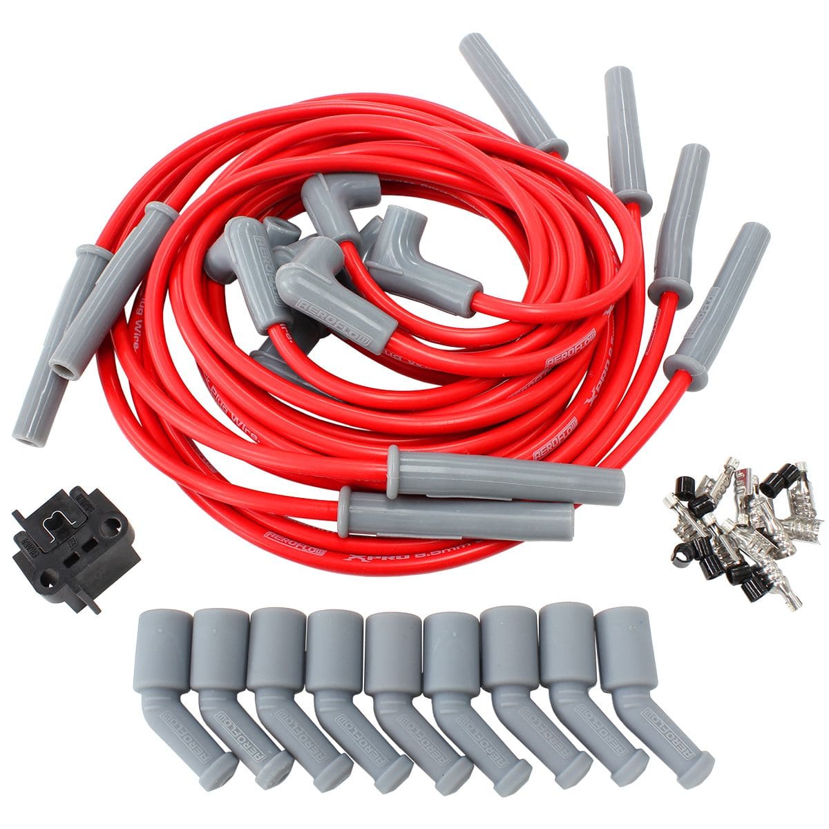 Aeroflow Performance Aeroflow Ignition AF4530-32079 Xpro Universal 8.5mm V8 Ignition Lead Set with 180° Spark Plug Boots - Red SR