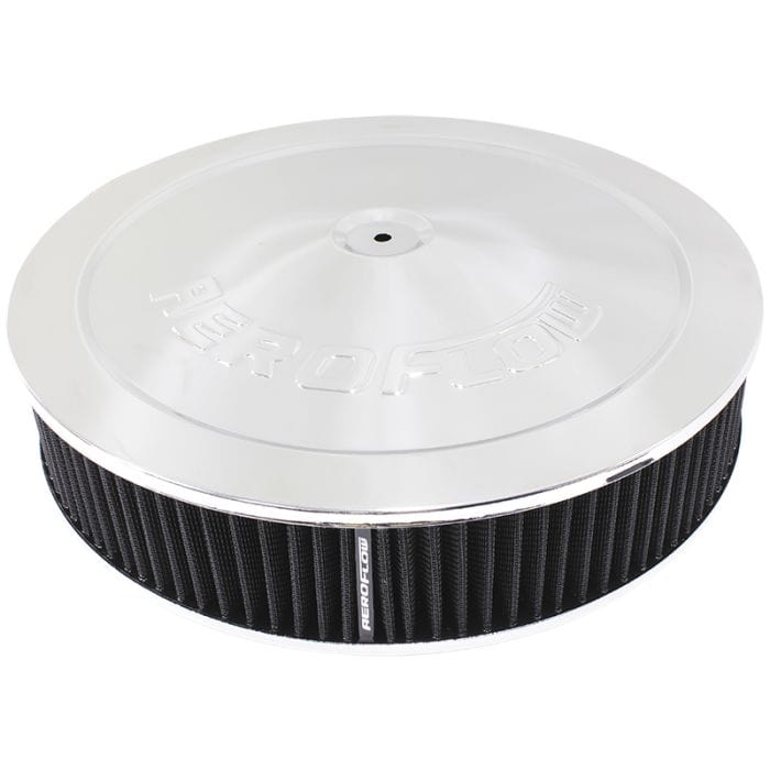 Aeroflow Performance Air Filters AF2851-1234 Chrome Air Filter Assembly
 14" x 3", 7-5/16" neck,Flat Base with black washable cotton element SR