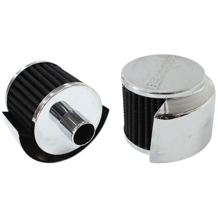 Aeroflow Performance Air Filters Chrome Push In Breather With Chrome Shield 
3" (76.2mm) O.D. x 2-1/2" (63.5mm) High, 1" (25.4mm) Flange Inside Diameter SR