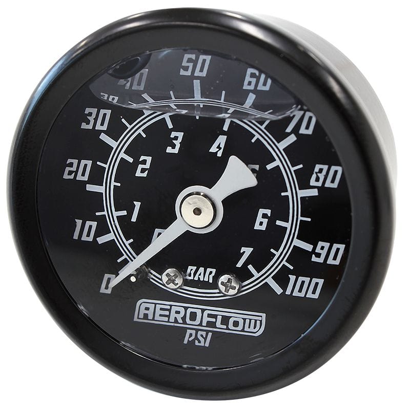 Aeroflow Performance Black Face, White Pointer, 1/8" NPT Male Thread Aeroflow 1-1/2" Liquid Filled 100 psi Pressure Gauge AF30-2201 SR