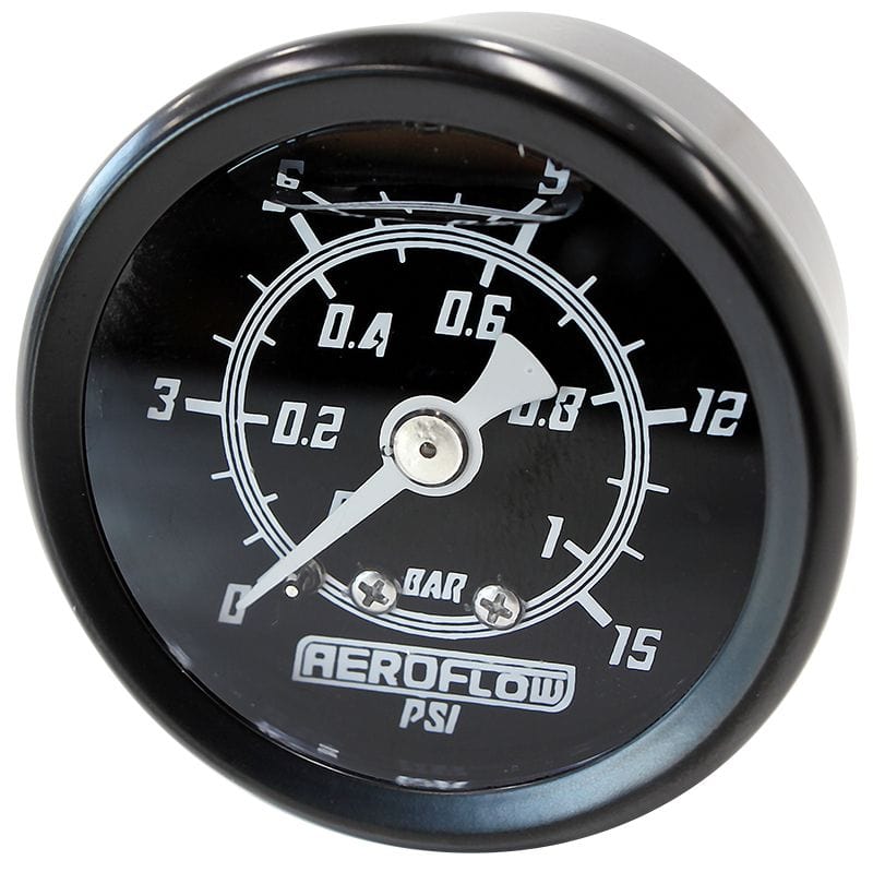 Aeroflow Performance Black Face, White Pointer, 1/8" NPT Male Thread Aeroflow 1-1/2" Liquid Filled 15 psi Pressure Gauge AF30-2200 SR