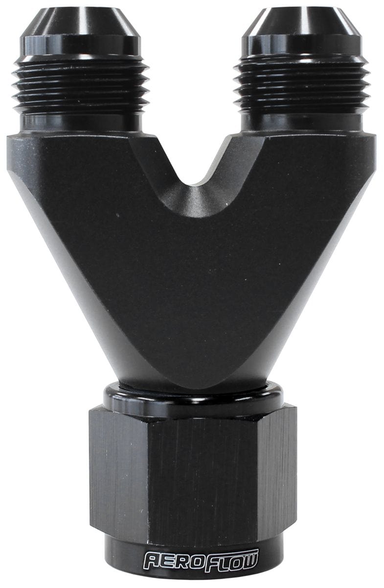 Aeroflow Performance Black Finish. 1 x -10AN Female, 2 x -8AN Male Aeroflow Billet U-Block with Female Flare AF146-10-08BLK SR