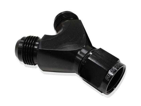 Aeroflow Performance Black Finish. 1 x -8AN Female, 2 x -6AN Male Aeroflow Billet Y-Block with Female Flare AF931-08-06BLK SR