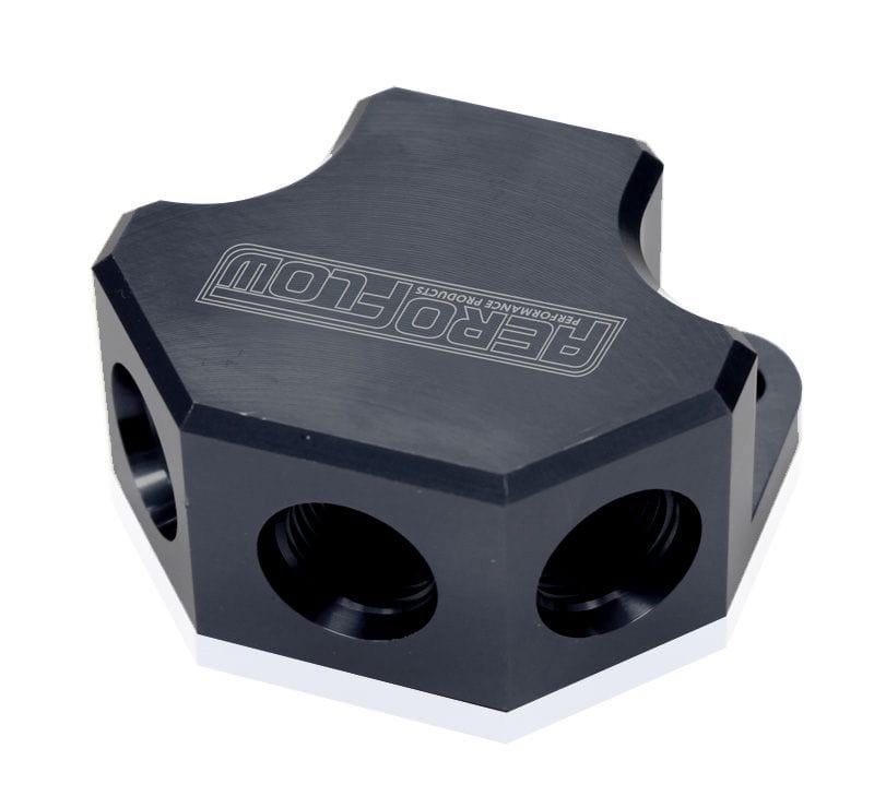 Aeroflow Performance Black Finish. 3 x -8 ORB Ports, 1 x -10 ORB Port Aeroflow Billet 4 Port ORB Y-Block AF454-10-08BLK SR