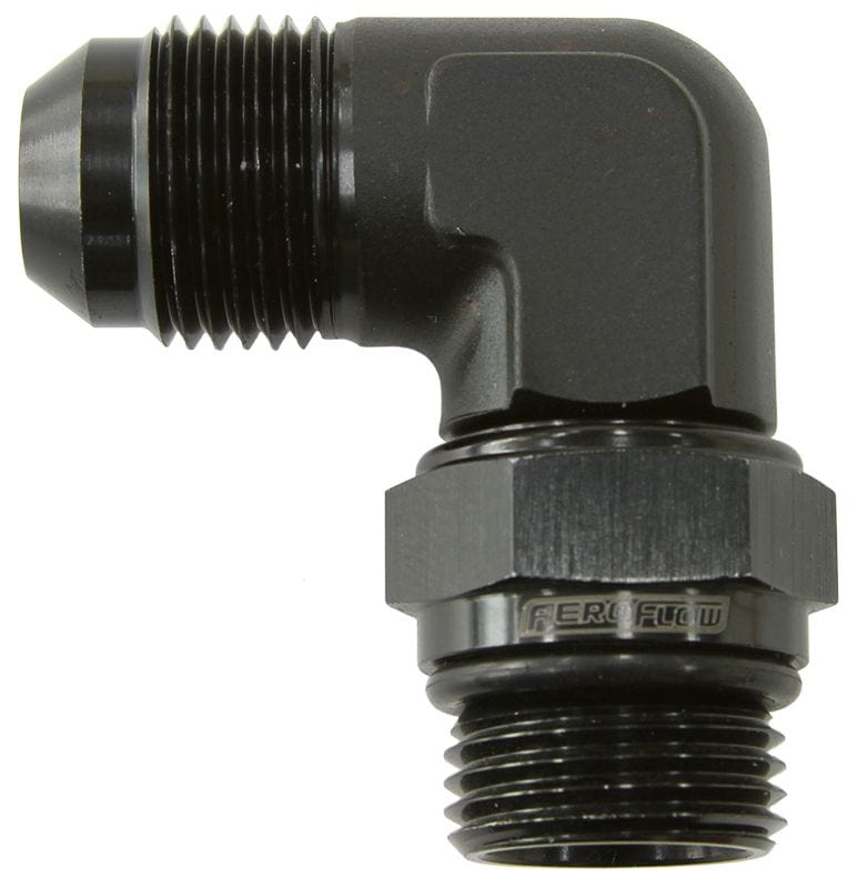 Aeroflow Performance Black Finish Aeroflow 90° ORB Swivel to Male Flare Adapter -8AN to -6AN AF949-06-08BLK SR