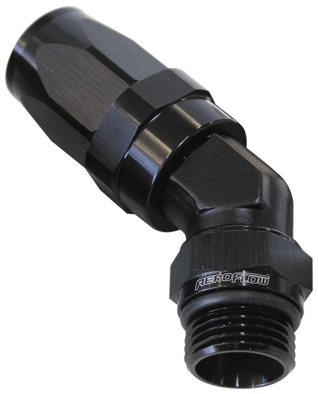 Aeroflow Performance Black Finish. Suit 100 & 450 Series Hose Aeroflow ORB Taper Swivel 45° Hose End -16 ORB to -16AN AF844-16-16BLK SR