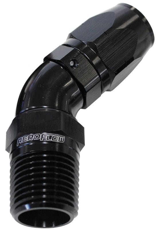 Aeroflow Performance Black Finish. Suits 100 & 450 Series Hose Aeroflow 45° Male NPT Full Flow Swivel Hose End 1/2" to -8AN AF528-08-08BLK SR