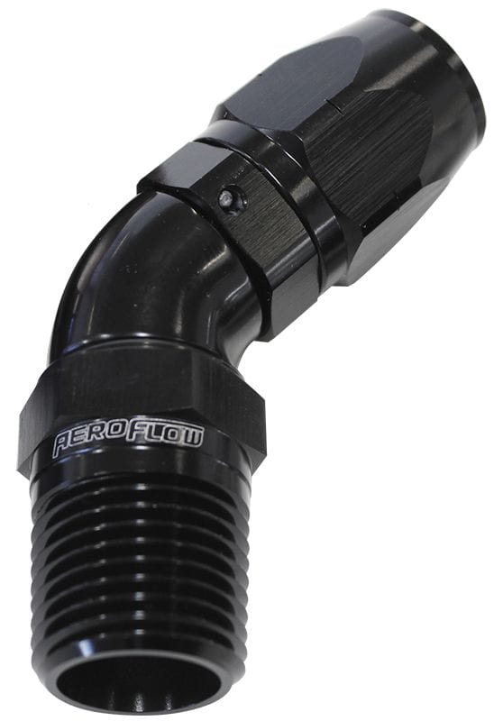 Aeroflow Performance Black Finish. Suits 100 & 450 Series Hose Aeroflow 45° Male NPT Full Flow Swivel Hose End 3/4" to -12AN AF528-12-12BLK SR