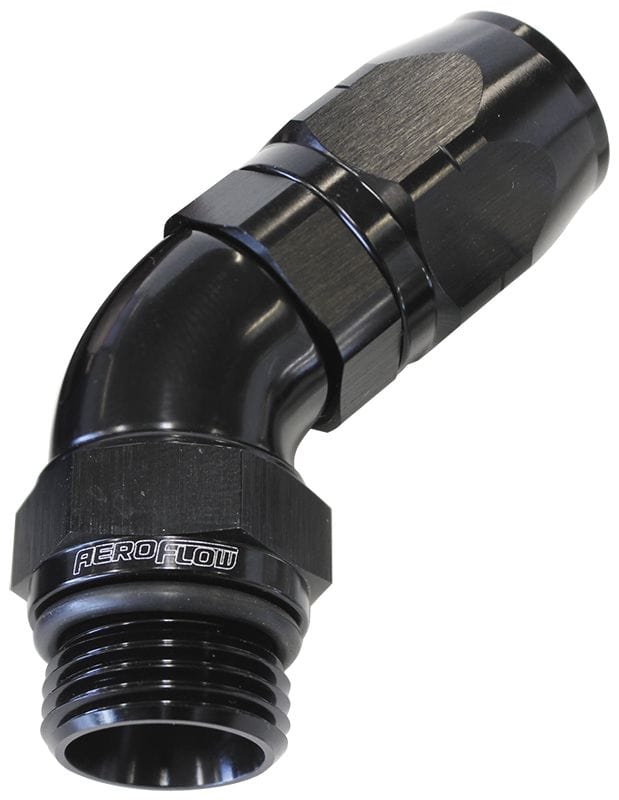 Aeroflow Performance Black Finish. Suits 100 & 450 Series Hose Aeroflow 45° Male ORB Full Flow Swivel Hose End -16 ORB to -12AN AF544-12-16BLK SR