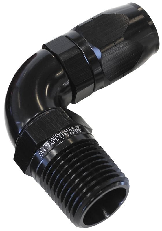 Aeroflow Performance Black Finish. Suits 100 & 450 Series Hose Aeroflow 90° Male NPT Full Flow Swivel Hose End 1/2" to -12AN AF529-12-08BLK SR