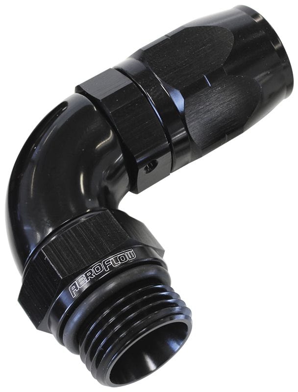 Aeroflow Performance Black Finish. Suits 100 & 450 Series Hose Aeroflow 90° Male ORB Full Flow Swivel Hose End -16 ORB to -12AN AF549-12-16BLK SR