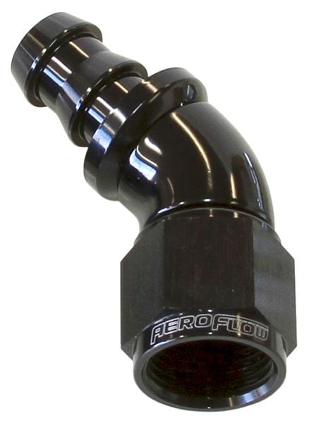 Aeroflow Performance Black Finish. Suits 400 & 500 Series Hose Aeroflow 510 Series Full Flow Tight Radius Push Lock 45° Hose End -10AN AF512-10BLK SR