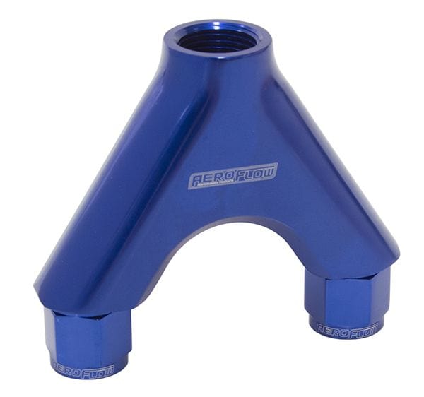 Aeroflow Performance Blue Finish. 2 x -8AN Female, 1 x -10AN Male Aeroflow Billet Y-Block with Female Flare AF939-08-10 SR