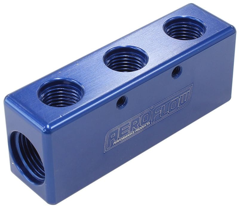 Aeroflow Performance Blue Finish Aeroflow Billet 5 Port Fuel Log 3 x -6AN, 2 x -8AN AF456-08-06 SR