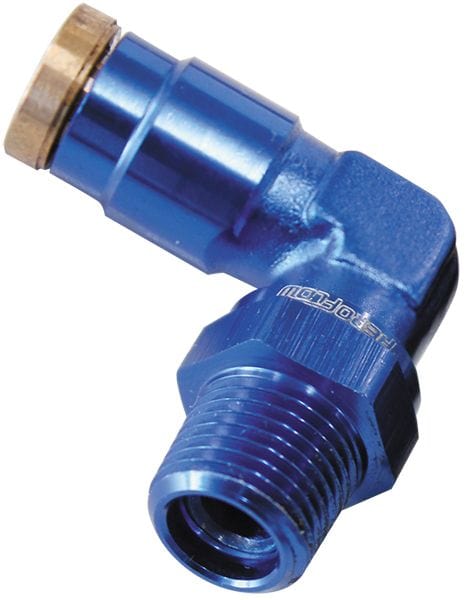 Aeroflow Performance Blue Finish. Suits 120 Series Nylon Hose Aeroflow 120 Series 90° 1/8" NPT to 3/16" Push to Connect Fitting AF123-02 SR