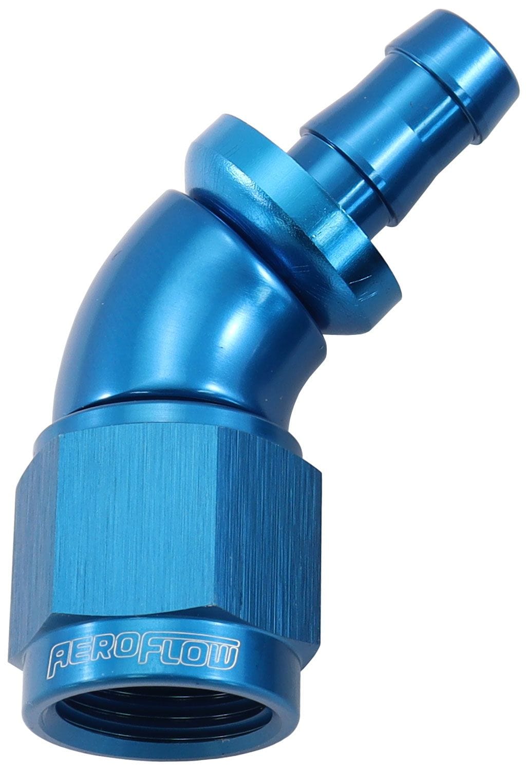Aeroflow Performance Blue Finish. Suits 400 & 500 Series Hose Aeroflow 510 Series Full Flow Tight Radius Push Lock 45° Hose End -6AN To 5/16" (8mm) Bar SR